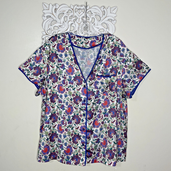 SUMMERSALT size LARGE Pajama Set Button up Short Sleeves Shorts BLUE Red Floral - Picture 2 of 16